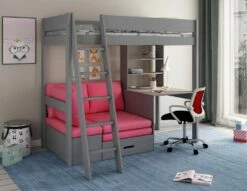 Kids Avenue Estella Grey High Sleeper 6 Bed With Storage, Desk & Pink Futon