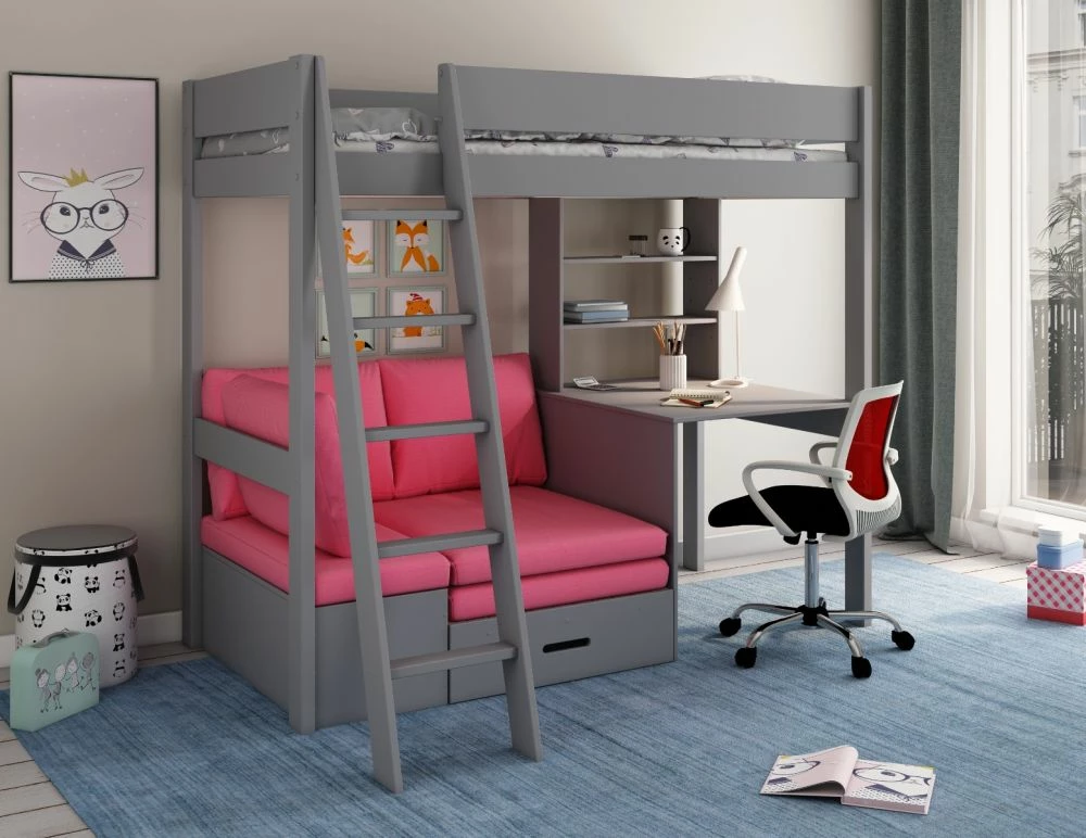 Kids Avenue Estella Grey High Sleeper 6 Bed With Storage, Desk & Pink Futon 3 Kids Avenue Estella Grey High Sleeper 6 Bed With Storage, Desk & Pink Futon