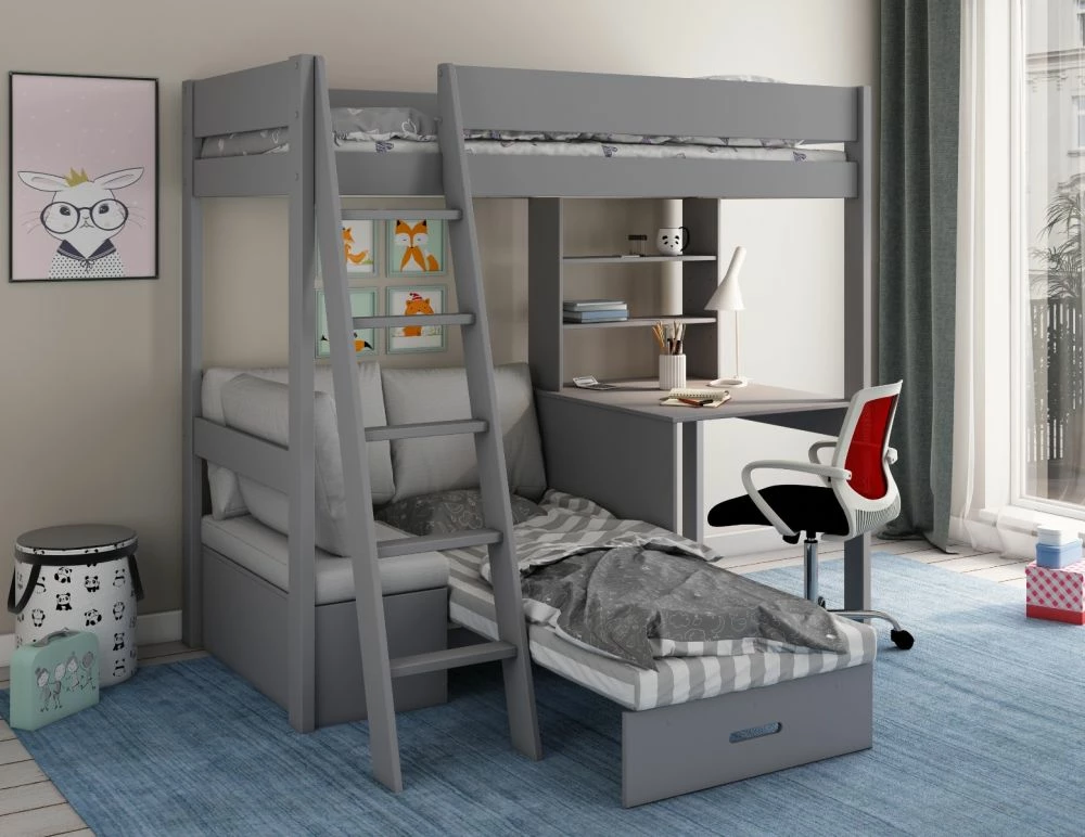 Kids Avenue Estella Grey High Sleeper 4 Bed With Storage, Desk & Silver Futon 4 Kids Avenue Estella Grey High Sleeper 4 Bed With Storage, Desk & Silver Futon - Image 2