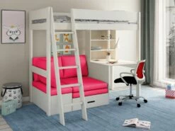 Kids Avenue Estella White High Sleeper Bed With Storage, Desk & Pink Futon