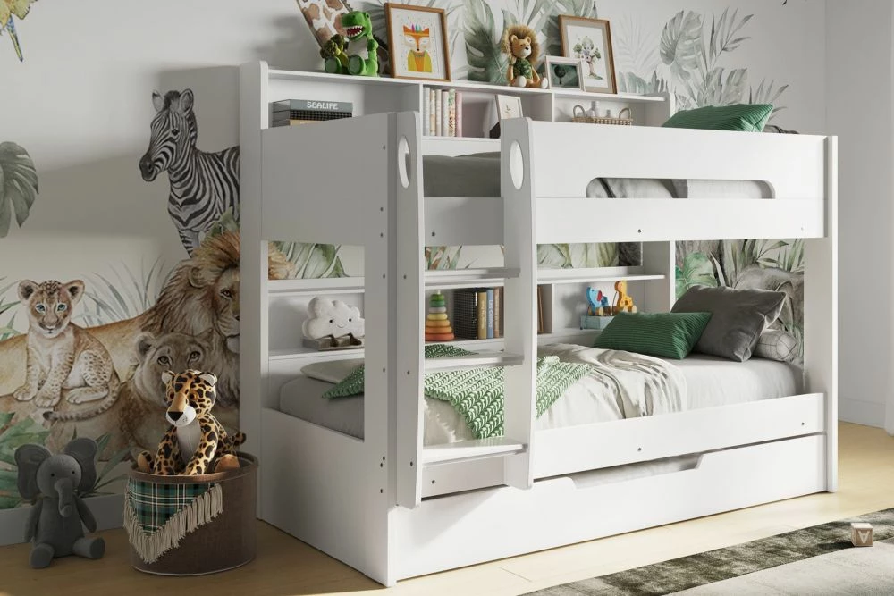 Milo Bunk Bed In White With Shelving And Underbed Trundle 3 Milo Bunk Bed In White With Shelving And Underbed Trundle