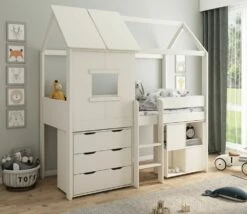 Kids Avenue Midi Playhouse Mid Sleeper Bed In White With Chest & Cube Unit