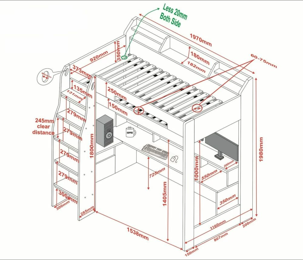 Rocker Gaming High Sleeper Bed In Anthracite With Desk & Storage 10 Rocker Gaming High Sleeper Bed In Anthracite With Desk & Storage - Image 8