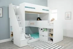 Samuel Staircase Triple Bunk Bed In White With Storage