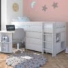 Stompa Uno White Mid Sleeper Bed With Pull Out Desk, Cube Unit & 3 Drawer Chest -bedding sale unow3a 1 cropped