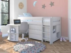 Stompa Uno White Mid Sleeper Bed With Pull Out Desk, Cube Unit & 3 Drawer Chest